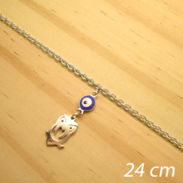 tornozeleira aço inox antialérgico - 24 cm - pingente de olho grego coruja