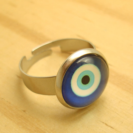 anel regulável aço inox antialérgico com vidro oval olho grego cor azul