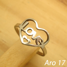 anel aço inoxidável antialérgico love coração - aro 17