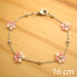 pulseira em aço inox antialérgico flor cristal rosa branco - 16 cm
