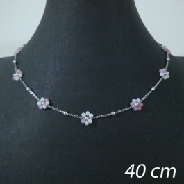 gargantilha aço inox 40 cm + extensor - flor cristal cor rosa branco