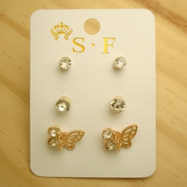 bijuterias para revender cartela de brincos 3 pares borboletinha dourada - altura 1,2 cm - 3 g (par)