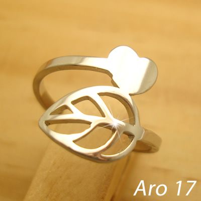 anel em aço inoxidável antialérgico cor prata folha coração - tamanho do aro 17 - cód. 0007-406