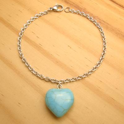 pulseira aço inox 316L - pingente coração pedra mineral turquesa