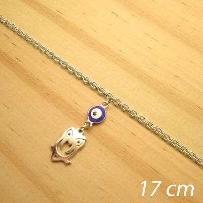 pulseira juvenil aço inox antialérgico - 17 cm - pingente de olho grego coruja