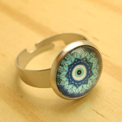 anel regulável aço inox antialérgico vidro oval mandala flor olho grego