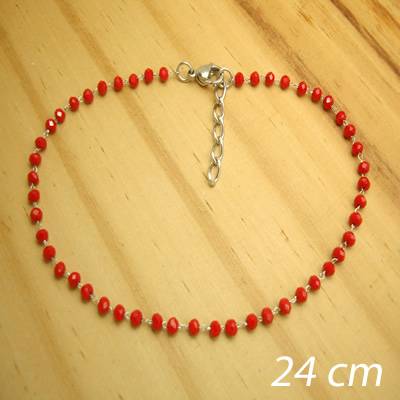 tornozeleira de cristais na cor vermelho - 24 cm + extensor - aço inox