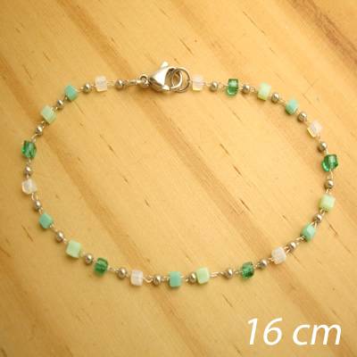 pulseira aço inox - contas cristal cor verde claro turquesa - 16 cm