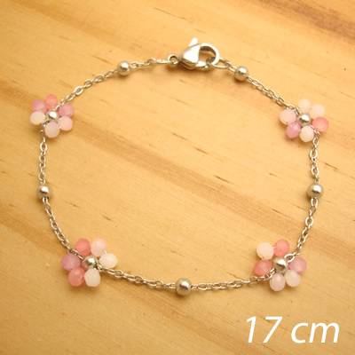 pulseira em aço inox antialérgico flor cristal rosa branco - 17 cm